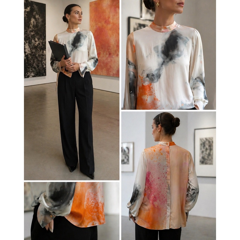 Roksanda Silk Blouse Abstract Watercolor Painterly Print Size 8 High Neck - Picture 2 of 8